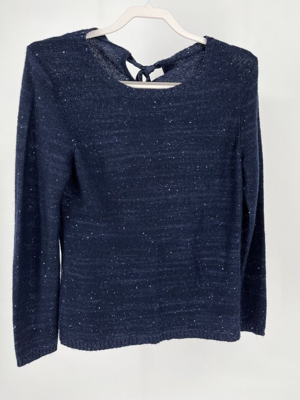 Sequined Tie Back Navy Blue Sweater Long Sleeve Measures Medium